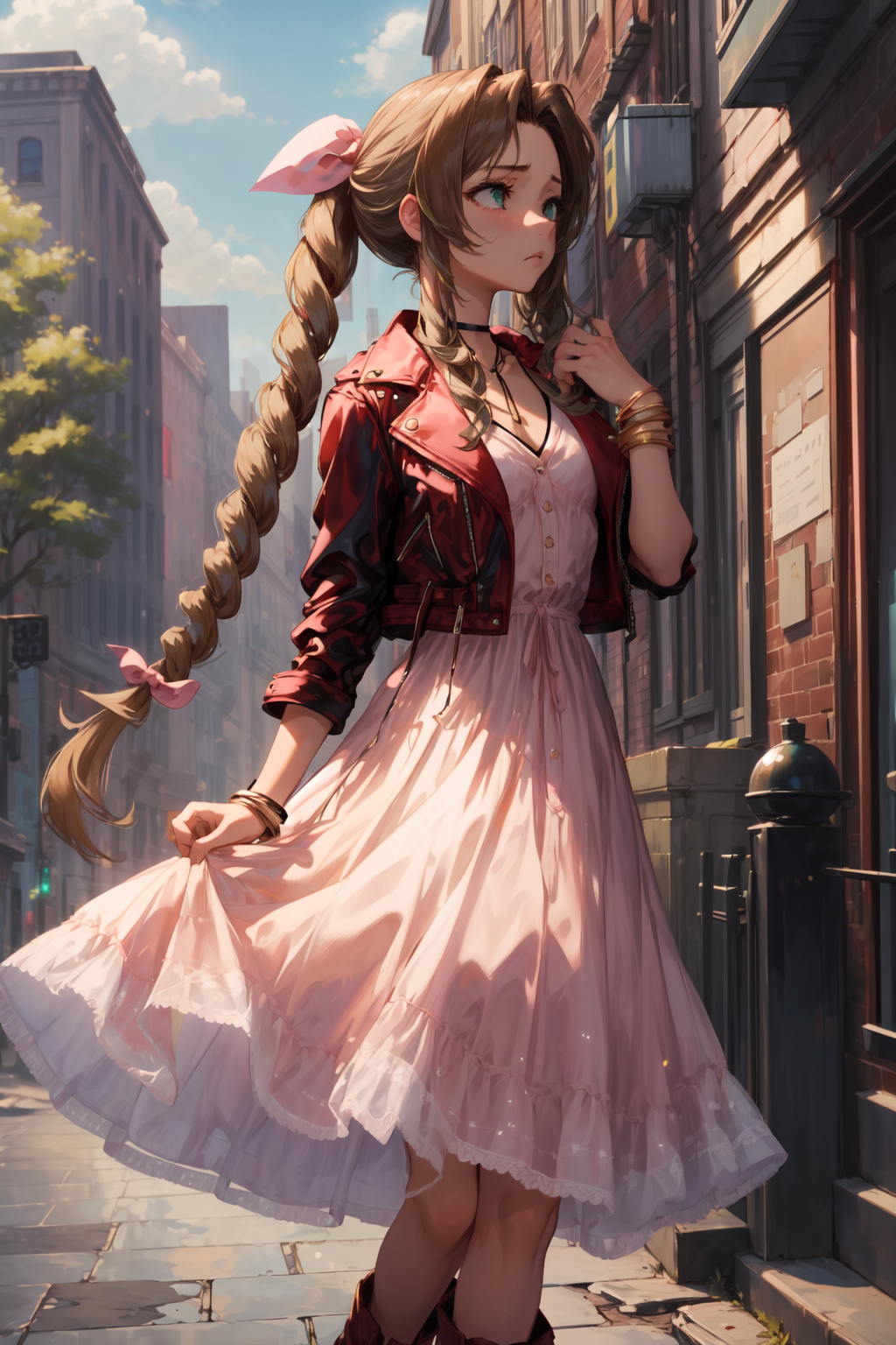masterpiece,best quality,1girl,aerith gainsborough,choker,cropped jacket,hair bow,bracelet,pink dress,brown boots,sad,look...